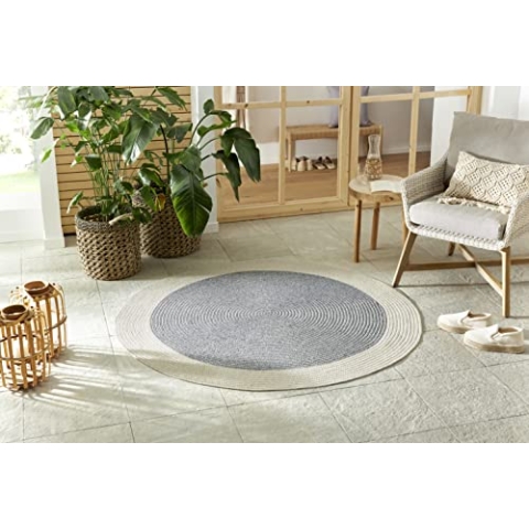 Northrugs Trenzado In- & Outdoor Teppich Rund Wetterfest – Pflegeleicht Handmade-Look für Innen und Außen Gewebter Outdoorteppich Läufer für Balkon, Terrasse, Wohnzimmer, Garten – Grau Creme, ø 200