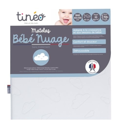 Tinéo – Babymatratze 60 x 120 x 10 cm – Angepasst an das Wachstum und die Bedürfnisse des Babys – Fest – Dichte 20 kg/m³ – Keine Behandlung – Abnehmbarer Bezug