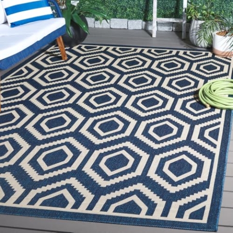 SAFAVIEH Zeitgenössische Teppich für Wohnzimmer, Esszimmer, Schlafzimmer - Courtyard Collection, Kurzer Flor, Marine und Beige, 201 X 290 cm