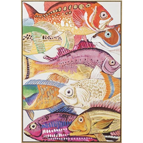 Kare Design Bild Touched Fish Meeting One Bunt, Leinwandbild, Wanddekoration, Baumwollleinwand, Massivholz Rahmen, handgemalte Details, Wohnzimmer, Schlafzimmer, Flur, 100x75x3,5cm