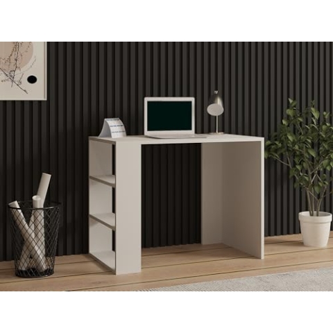 Scandinavian Study Desk, White, 90 x 70 x 50 cm | 100% Melamine Coated Particle Board, 18 mm Thick | Multipurpose with Numerous Shelves & Storage