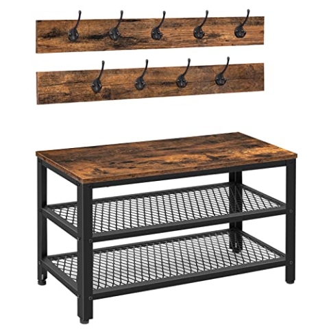 HOOBRO Wandgarderobe Schuhbank Set, Garderobe mit Sitzbank, Schuhregal mit Sitzfläche, 9 Haken, Industriestil, Metallrahmen, für Flur, Eingangsbereich, Dunkelbraun-Schwarz EBF17MT01