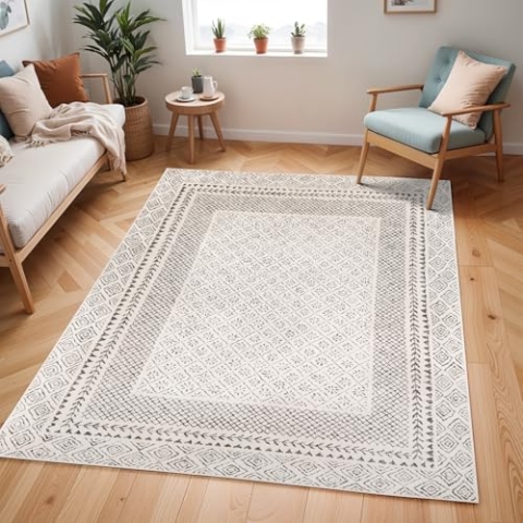 Surya Bahar Teppich Schlafzimmer, Wohnzimmer, Esszimmer, Flur - Moderne Boho Geometrisches Muster - Weicher Skandinavisch Wohnzimmerteppich Orientalisch - Carpet 160x220cm Groß Beige