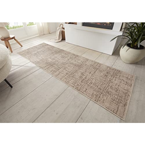 Hanse Home Sole Teppich Wohnzimmer – Kurzflor Modern Abstrakt Meliert Used Look im Vintage Stil, ÖKO-TEX Wohnzimmerteppich für Esszimmer, Kinderzimmer, Jugendzimmer, Flur – Creme Braun, 80x200cm