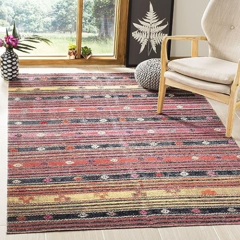 SAFAVIEH Boho Teppich für Wohnzimmer, Esszimmer, Schlafzimmer - Montage Collection, Kurzer Flor, Rost und Multi, 91 X 152 cm
