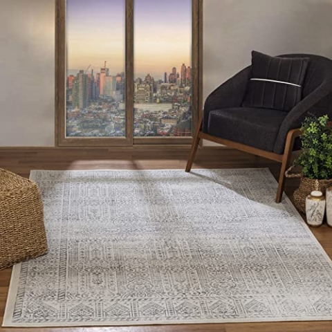 Livabliss Evora Vintage Teppich Groß - Orientalischer Boho Kurzflor für Wohnzimmer, Esszimmer, Schlafzimmer - 160x215 cm - Einfache Pflege - Muster in Grau und Elfenbein