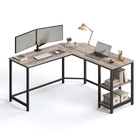VASAGLE Schreibtisch, L-förmiger Computertisch, 138 x 138 x 76 cm, Eckschreibtisch mit 2 Ablagen, platzsparender Bürotisch, Gaming, Homeoffice, einfacher Aufbau, greige-schwarz LWD72MB