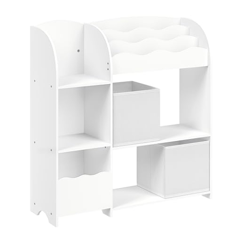 SONGMICS Bücherregal Kinder, Kinderregal, Spielzeugregal mit 2 Aufbewahrungsboxen, für Bücher, Kinderzimmer, Spielzimmer, Wohnzimmer, wolkenweiß GKR042W01