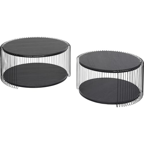 Kare Design Couchtisch Wire Double Wood 2er Set, Schwarz, 63cm Durchmesser,Wohnzimmertisch, Stahlgestell, Tischplatte aus Holz, Wohnzimmer, Rund, 34x70x70 cm (H/B/T)