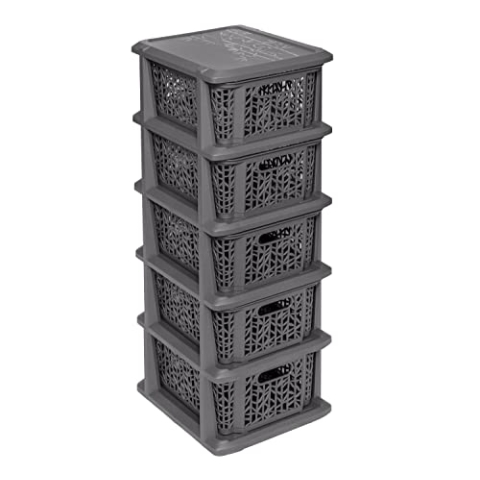 BranQ - Home essential Universelles, multifunktionales Regal in Bamboo Design, BPA-frei Kunststoff, 5 Körben, Anthrazit
