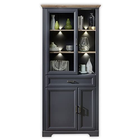 Stella Trading JASMIN Große Vitrine in Artisan Eiche Optik, Graphit - Vitrinenschrank mit LED-Beleuchtung und viel Stauraum im Landhausstil - 93 x 204 x 42 cm (B/H/T)