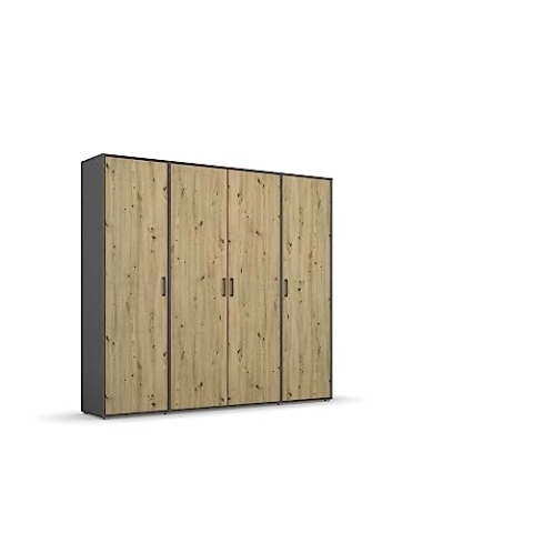 Rauch Möbel Voyager Schrank Kleiderschrank Drehtürenschrank, Eiche Artisan/Grau metallic, Holz, Schwarz, 4-türig, inkl. 1 Kleiderstange, 7 Einlegeböden BxHxT 187x194x53 cm
