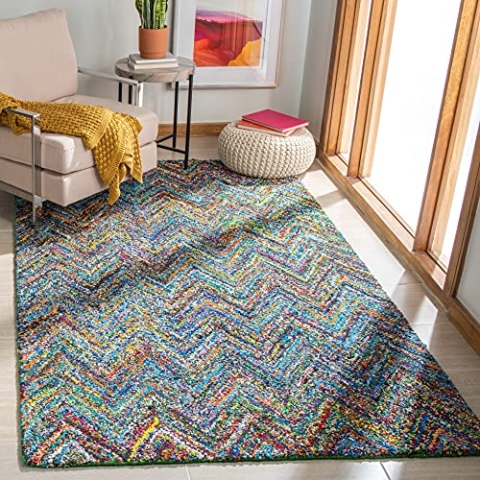 SAFAVIEH Traditionell Teppich für Wohnzimmer, Esszimmer, Schlafzimmer - Nantucket Collection, Kurzer Flor, Blau und Multi, 152 X 244 cm