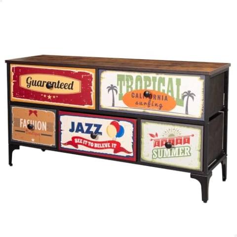 AKTIVE Max Home Mehrzweck-Schlafzimmerkommode, Retro- und Vintage-Grafiken, 5 leichte Stoffschubladen, 103 x 30 x 56 cm, Stahlrahmen, Holzplatte, Nachttische, Wohnzimmermöbel (18402)