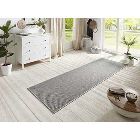 BT Carpet Nature Läufer In- und Outdoor – Schlingen Küchenläufer rutschfest Flachgewebe Kurzflor Woll-Optik Fineloop Küchenteppich für Flur, Küche, Garten, Terrasse, Badezimmer – Silber, 80x350cm