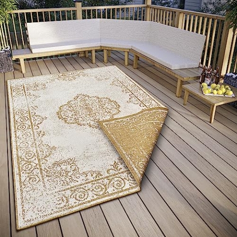 NORTHRUGS Cebu In- & Outdoor Wendeteppich - Flachgewebe, Orient Design, Vintage, ÖKO-TEX, Wetterfest & UV-beständig für Balkon, Terrasse, Garten - Ocker, 120x170cm