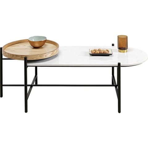 Kare Design Couchtisch Layered, Weiß/Braun, Beistelltisch, Wohnzimmertisch, Stahl Gestell, Holz Tablett, Mineralmarmor Tischplatte, oval, 46x129x54 cm (H/B/T)