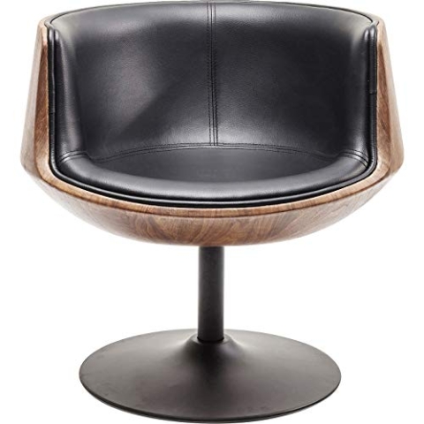 Kare Design Drehstuhl Club Walnut, Schwarz/Braun, 360 Grad Drehbar, Sessel, Tulpenfuß, Modern Retro Design, Mid Century, Wohnzimmer, Kunstleder mit Holzfunier Walnuss, Stahl, 75x62x61cm (H/B/T)
