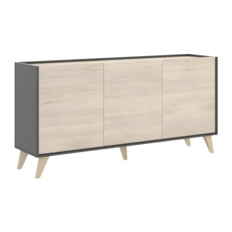 DEKIT - Sideboard mit 3 Türen, Farbe Graphit/Natur, 75 x 155 x 43 cm, Modell Ness