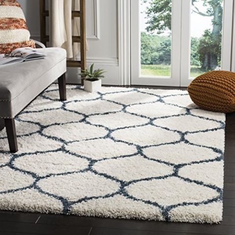 SAFAVIEH Zottelig Teppich für Wohnzimmer, Esszimmer, Schlafzimmer - Hudson Shag Collection, Hoher Flor, Elfenbein und Schieferblau, 183 X 274 cm