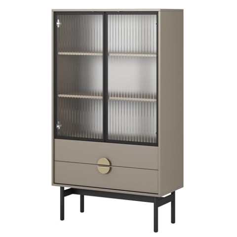 Selsey Vitrine Glas Vitrinenschrank Glasvitrine Wohnzimmer Glastür Niedrig 84 cm 2 Schubladen 3 Fächer Beige Cappuccino Stoon