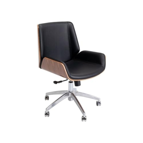 Kare Design Bürostuhl Rouven, Braun, Schwarz, Bürostuhl, Walnuss-Holz, 360 Grad drehbar, Teppichrollen, 100x60x52cm (H/B/T)