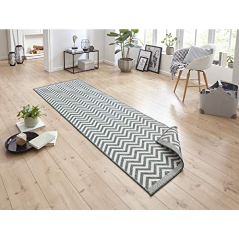 NORTHRUGS In- und Outdoor Teppich Palma 80x250cm - Wendeteppich Wetterfest Modernes Design Zick-Zack Muster Läufer für Balkon Terrasse Garten Wintergarten Wohnzimmerteppich Wasserfest in Grün Creme