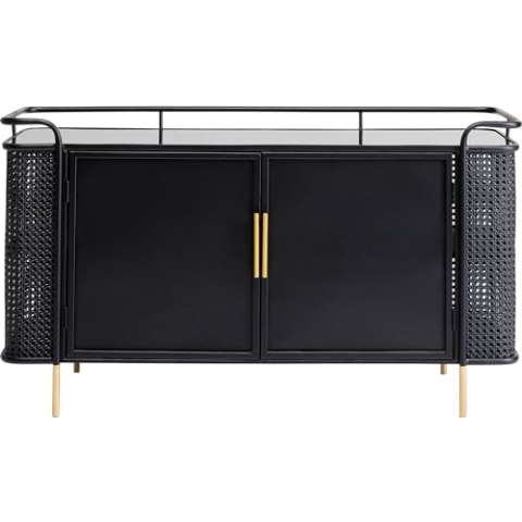 Kare Design Sideboard Fence, Schwarz, 2 Regalfächer, Stahl, Deckplatte, EGS Sicherheitsglas, 70x120x40cm (H/B/T)