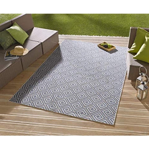 NORTHRUGS In- und Outdoor Teppich Karo 240x340 cm - Wetterfest Modern Geometrisches Muster Kariert Allover Design Teppich für Balkon Terrasse Garten Wintergarten Wohnzimmerteppich Wasserfest in Blau