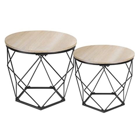Ribelli 2er Set Beistelltisch, Wohnzimmertisch mit Korbfunktion, Couchtisch Rund, Korbtisch mit Abnehmbare Tischplatte, Metalltische für Wohnzimmer, Schlafzimmer, Büro, Hellbraun/Schwarz, ‎500738
