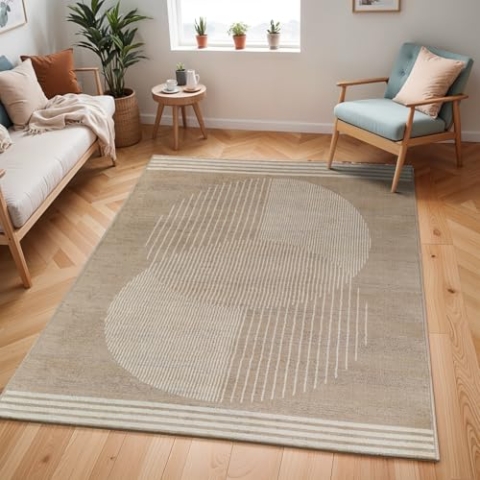 Livabliss Mombasa Teppich Wohnzimmer Boho, großer Teppich Schlafzimmer 160x216 cm - Teppich für Esszimmer mit geometrischem Muster, Skandinavischer Wohnzimmerteppich modern in Braun und Beige