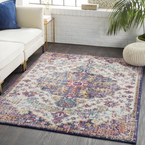 Livabliss Asmara Vintage Teppich Groß - Wohnzimmer 160x220 cm, Esszimmer, Schlafzimmer - Orientalischer Boho Style - Carpet Living Room, Bunter Muster, Weinrot und Blau