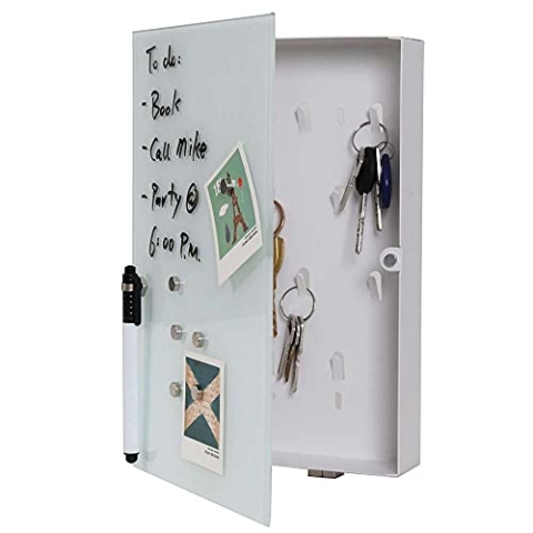 BAKAJI Schlüsselkasten mit magnetischer Glasplatte + Magneten und Marker, Weiß, Unica