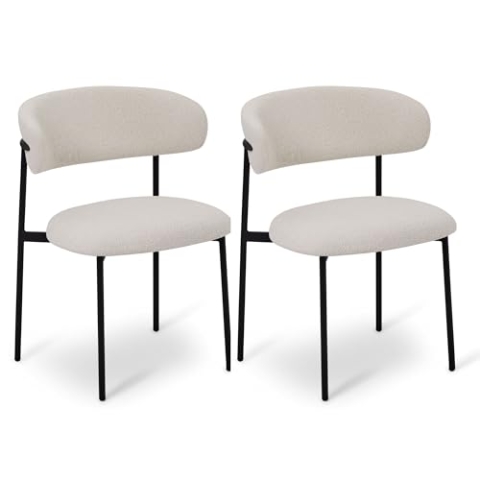 Furnhouse Diana Esszimmerstühle 2er Set Weiß – Bouclé Stoff Creme, Modernes Skandinavisches Design, Schwarzes Metallgestell, Gepolstert, Schalenstuhl für Esszimmer & Küche