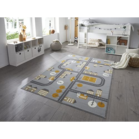 Hanse Home Teppich Kinderzimmer Kinderteppich Town – Junge Mädchen Spielteppich Kurzflor Teppich Modern Spielstraße Straßenmotiv, Weicher Flor, Pflegeleicht - Mouse Senfgelb, 160x220