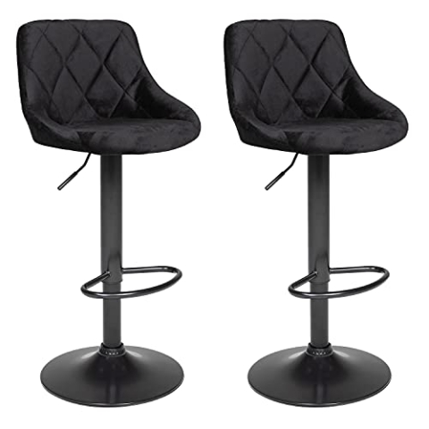 Happy Garden 2er Set Barhockern aus schwarzem Samt Robin. Küchenstuhl in modernem Design mit Sitzfläche, höhenverstellbar, um 360° drehbar und Fußstütze. Hocker mit Rückenlehne aus Samt