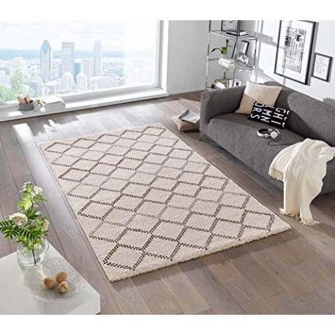 Mint Rugs Hochflor Teppich Nouveau, Weich und Flauschig, Geometrisches Design (200x290 cm, 2 cm Florhöhe, 100% Polypropylen, robust und Fußbodenheizung geeignet), Creme Braun meliert