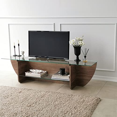 Hanah Home Scandinavian TV Stand, Walnut, 158 cm x 40 cm x 35 cm | 100% Tempered Glass & Melamine Coated Particle Board, 18 mm Thick | Stylish & Functional Design