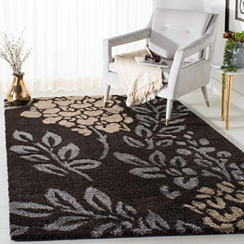 SAFAVIEH Zottelig Teppich für Wohnzimmer, Esszimmer, Schlafzimmer - Florida Shag Collection, Hoher Flor, Dunkelbraun und Grau, 160 X 229 cm