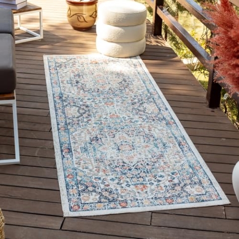 Livabliss Outdoor Teppich wetterfest, Safi - In und Outdoor Teppich für Balkon 80x220 cm, Terrasse, Garten, Küche - Outdoor Teppich Boho Style, Teppich für draußen - Teppich Blau, Rost und Beige