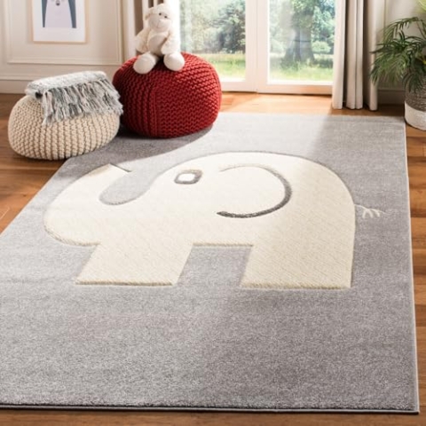 SAFAVIEH Zeitgenössische Teppich für Wohnzimmer, Esszimmer, Schlafzimmer - Carousel Kids Collection, Kurzer Flor, Grau und Elfenbein, 122 X 183 cm