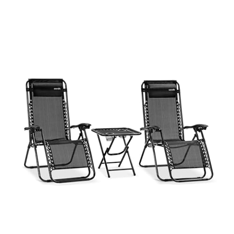SereneLife Liegestuhl, Gartenliege Klappbar, Strandliege, Sonnenstuhl als Gartenbett mit atmungsaktivem Textil, Verstellbar zum Liegen für Garten & Camping mit Seitentisch, Kopfkissen & Getränkehalter