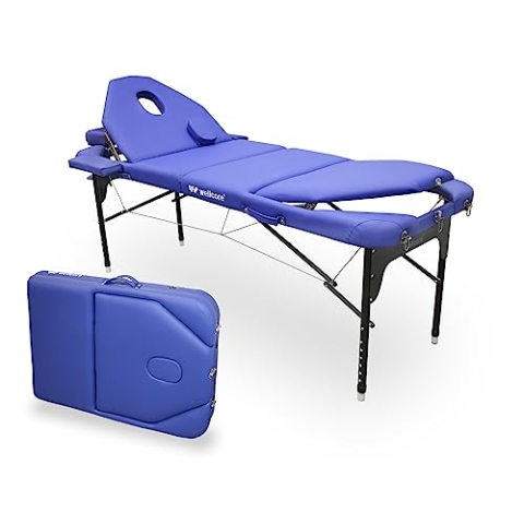 WELLCORE Klappliege aus Aluminium, mit doppelter Rückenlehne, klappbar, 185 x 65 cm, Kunstleder, höhenverstellbar, Gelenkkopf, Gesichtsloch, Blau, Transporttasche, bis 225 kg