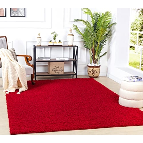 Surya Home Shaggy Berber Teppich - Flauschiger Teppich für Wohnzimmer, Esszimmer, Schlafzimmer, Langflor Hochflor Teppich flauschig - Teppich groß 120x170 cm, Wohnzimmerteppich in Rot