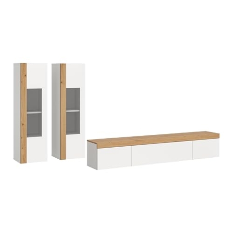 xonox.home Wohnzimmer Ruda 3tlg. Set Wohnkombination Wohnwand Wohnzimmermöbel Wohnzimmerschrank Möbelkombination Wohnzimmerset in weiß Nb. Absetzung Artisan Eiche hängend