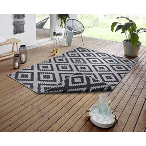 NORTHRUGS In- und Teppich Malta 240x340cm - Wendeteppich Wetterfest Geometrisches Muster für Balkon Terrasse Garten Wintergarten Wohnzimmerteppich Wasserfest in Night Silver, 105461-240x340