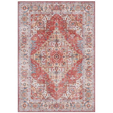Nouristan Asmar Teppich – Wohnzimmerteppich Orient-Touch Detailiertes Muster Florales Kurflor Flachgewebe Teppich für Esszimmer, Wohnzimmer, Schlafzimmer – Ziegelrot, 80x200cm