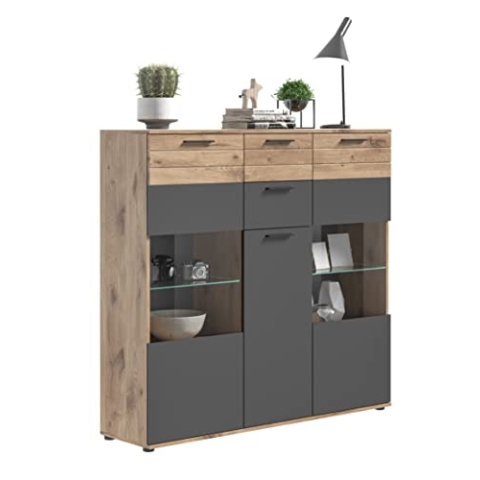xonox.home X12B8T05 Mason Highboard, Vitrine, Kommode, Grau Holzwerkstoff Glas 140 x 134 x 37