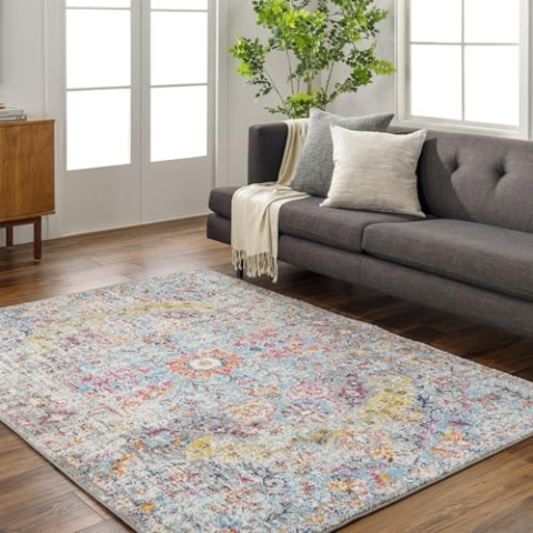 Livabliss Asmara Vintage Teppich groß - Teppich Wohnzimmer 140x200 cm, Esszimmer, Schlafzimmer - Orientalischer Teppich Boho Style - Carpet Living Room, Bunter Muster, Grau und Orange