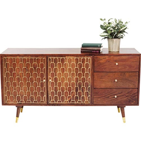 Kare Sideboard Muskat, braun, Kommode, 3 Schüben, 2 Türen, goldene Akzente, handgefertigt, Retro Sideboard, 75x145x45 cm (H/B/T)